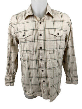 Ridgecut Toughwear Men Medium Beige Plaid Button Front Shirt Elbow Patch Casual